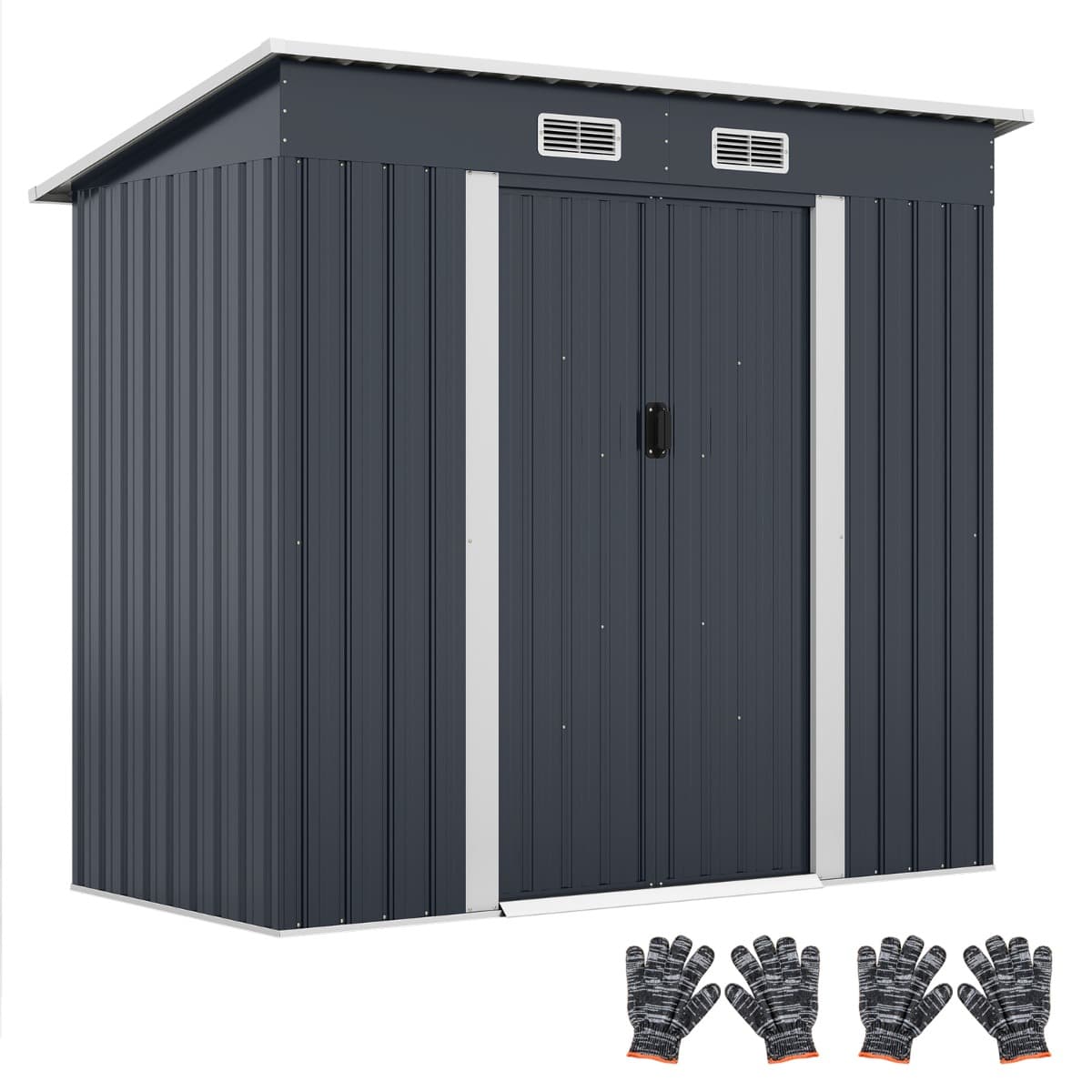 CostwayAbri de Jardin Extérieur Rangement pour Équipement avec Toit Incliné Porte Coulissante et Aérations Structure en Métal Gris