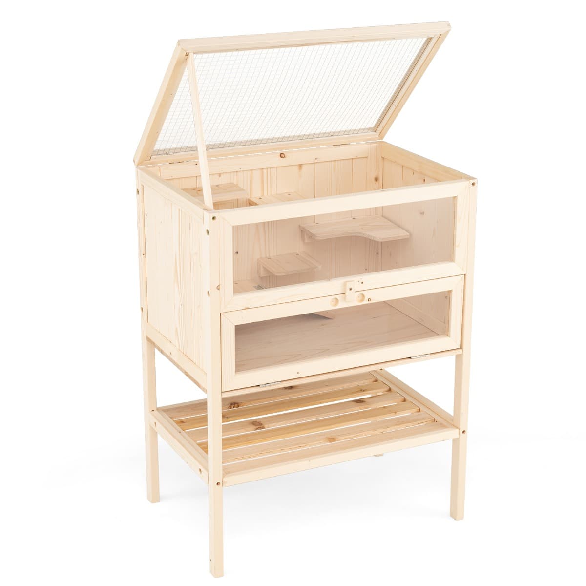 CostwayCage pour Hamster Habitat en Bois avec Toit en Maille Réversible Zones Multi-Echelles Design avec Rampe Rangement Inferieur Nature