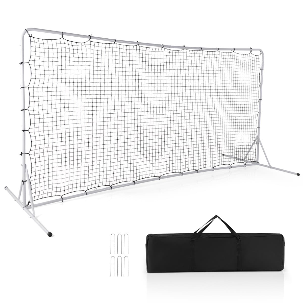 CostwayFilet de Rebond de Football 372,5x182,5cm Equipement de Football Filet Toutes Saisons Sac de Transport 6 Piquets de Sol Blanc