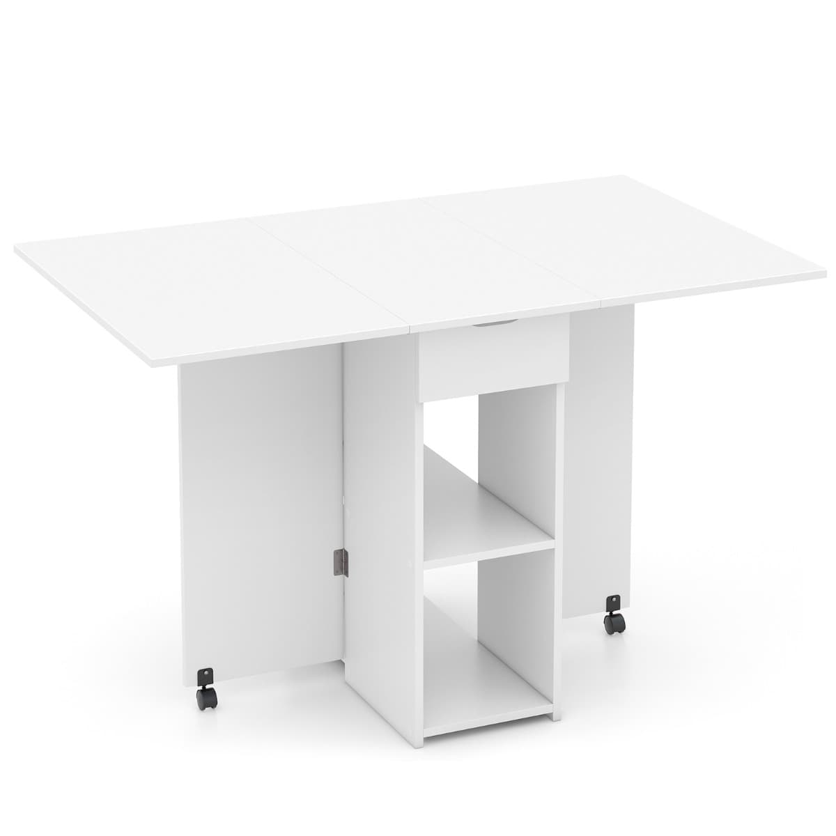 CostwayTable d’Appoint Pliante avec 2 Roulettes Table Console à Abattants pour Petits Espaces Table Pliable avec Support de Rangement Blanc