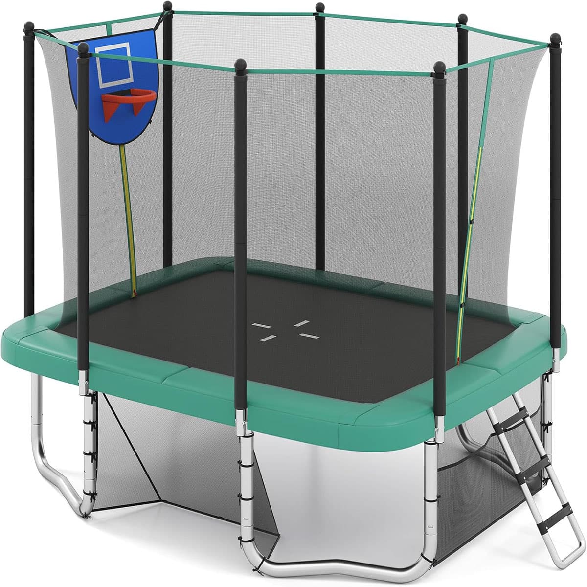 CostwayTrampoline Rectangulaire d'Extérieur 317x255cm avec Panier de Basketball But de Football Échelle Antidérapante Filet de Sécurité Vert
