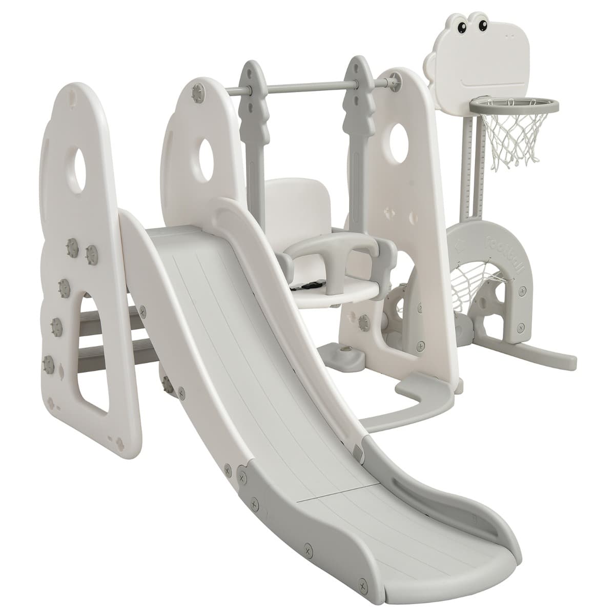 CostwayToboggan 6 en 1 : Balançoire Basket-ball Football Escalade Golf pour Enfants 18 Mois + Aire de Jeux Intérieure en HDPE Blanc