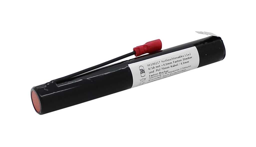 Batterie d'éclairage de secours NiMH 2.4V 3700mAh L1x2 4/3A avec fiche Faston + 4.8mm et perche câble 70mm